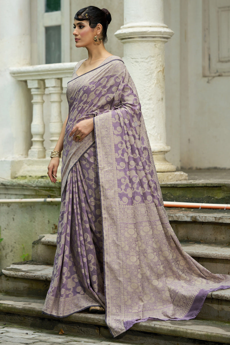 Fancifull Lavender Lucknowi Silk Saree With Vivacious Blouse Piece