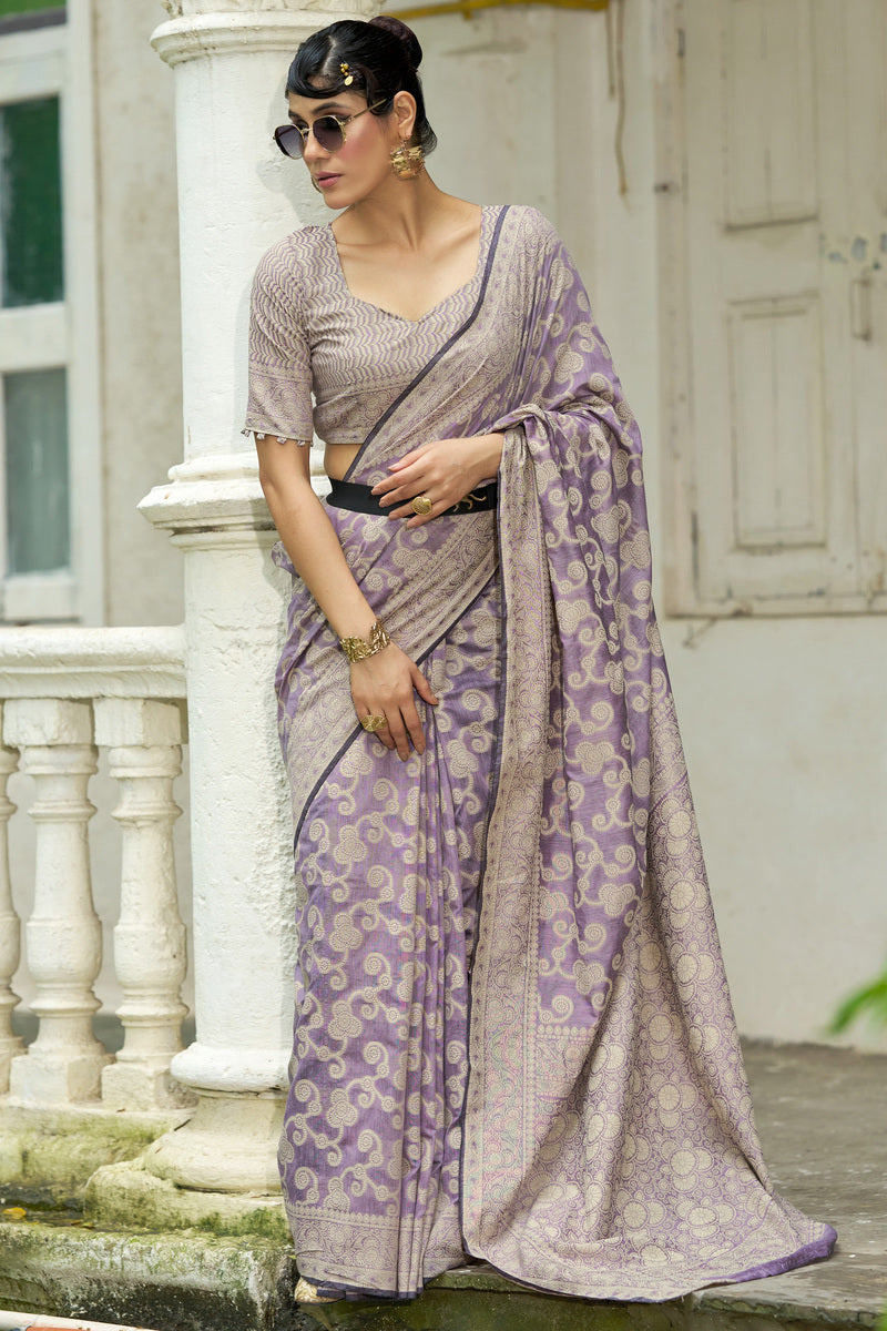 Fancifull Lavender Lucknowi Silk Saree With Vivacious Blouse Piece