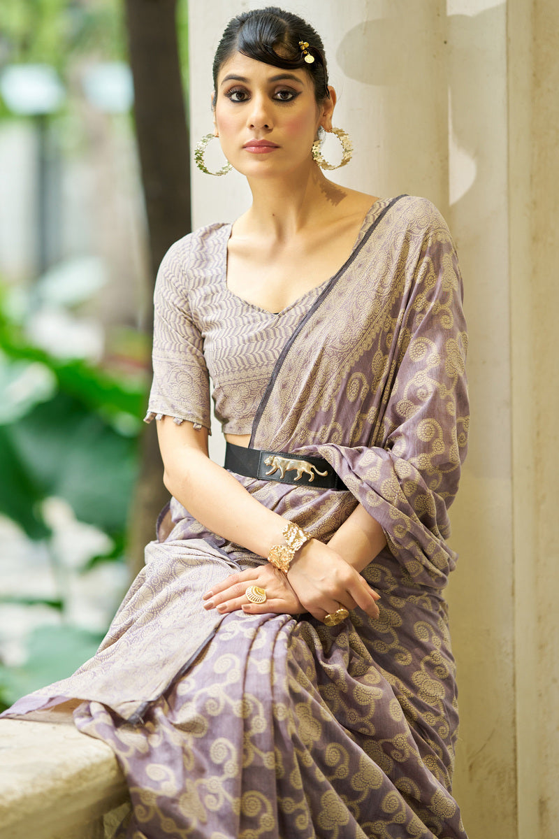 Fancifull Lavender Lucknowi Silk Saree With Vivacious Blouse Piece