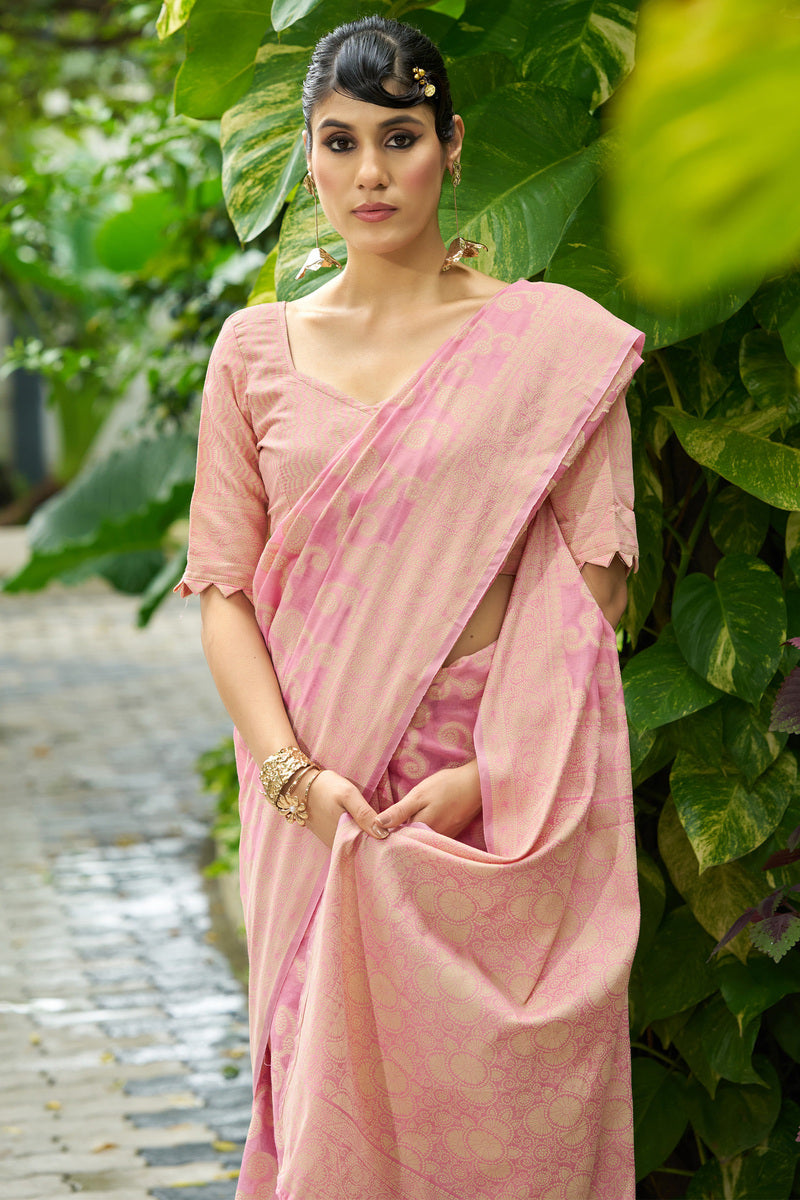 Scrumptious Light Pink Lucknowi Silk Saree With Extraordinary Blouse Piece