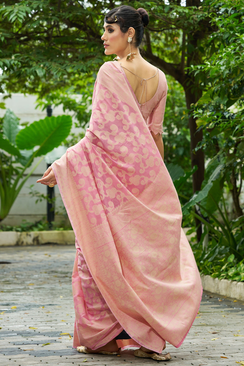 Scrumptious Light Pink Lucknowi Silk Saree With Extraordinary Blouse Piece