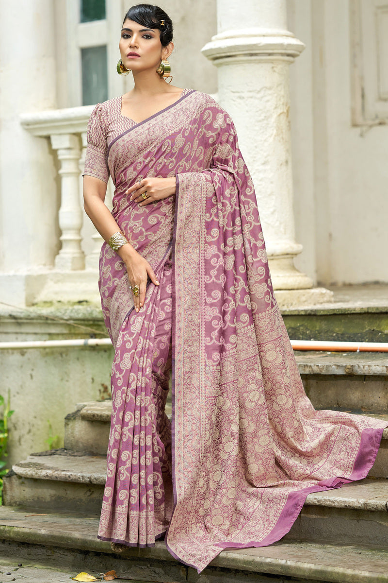 Eclat Light Purple Lucknowi Silk Saree With Magnetic Blouse Piece