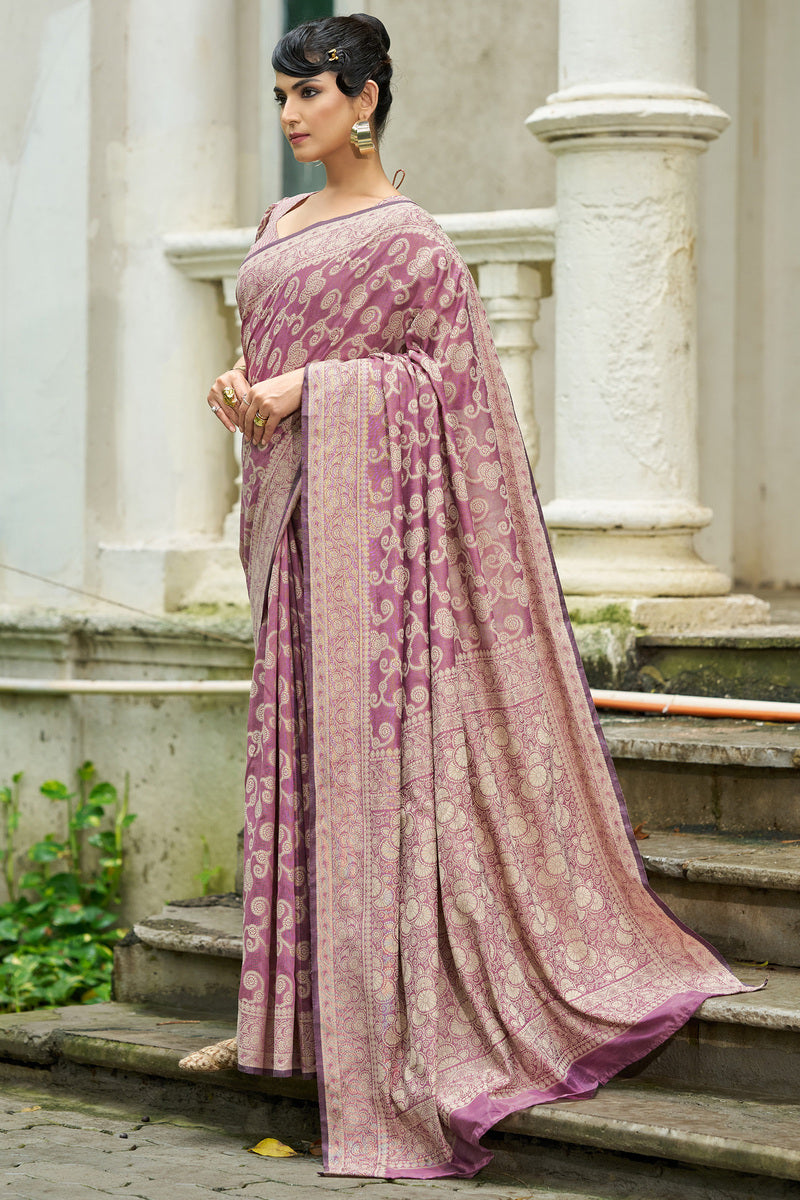 Eclat Light Purple Lucknowi Silk Saree With Magnetic Blouse Piece