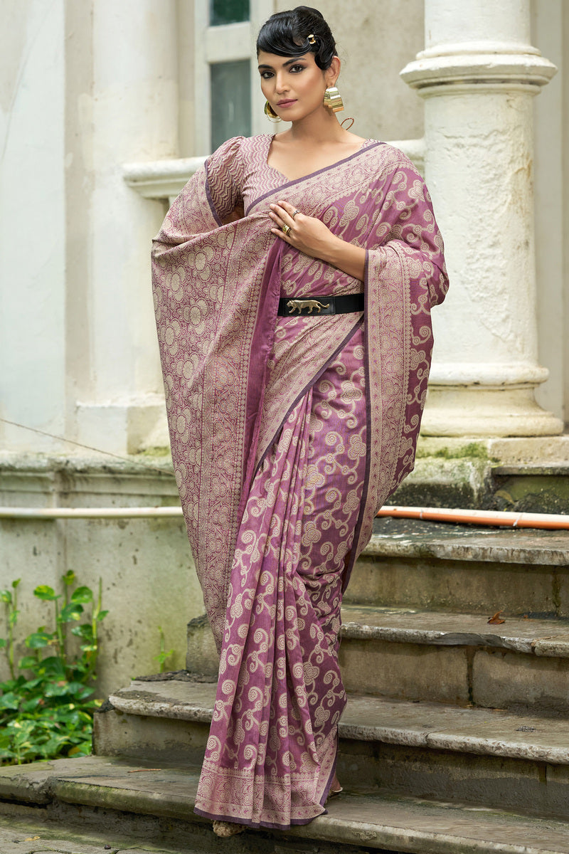 Eclat Light Purple Lucknowi Silk Saree With Magnetic Blouse Piece