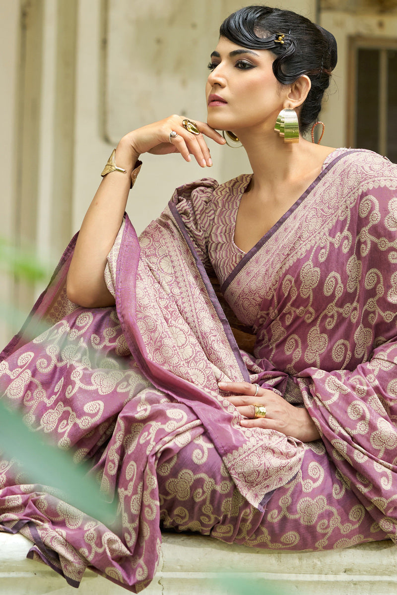 Eclat Light Purple Lucknowi Silk Saree With Magnetic Blouse Piece