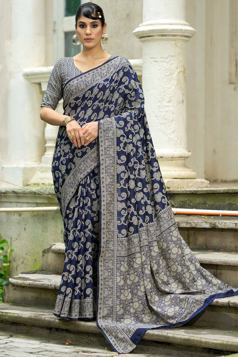 Felicitous Navy Blue Lucknowi Silk Saree With Fairytale Blouse Piece