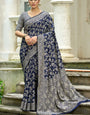 Felicitous Navy Blue Lucknowi Silk Saree With Fairytale Blouse Piece