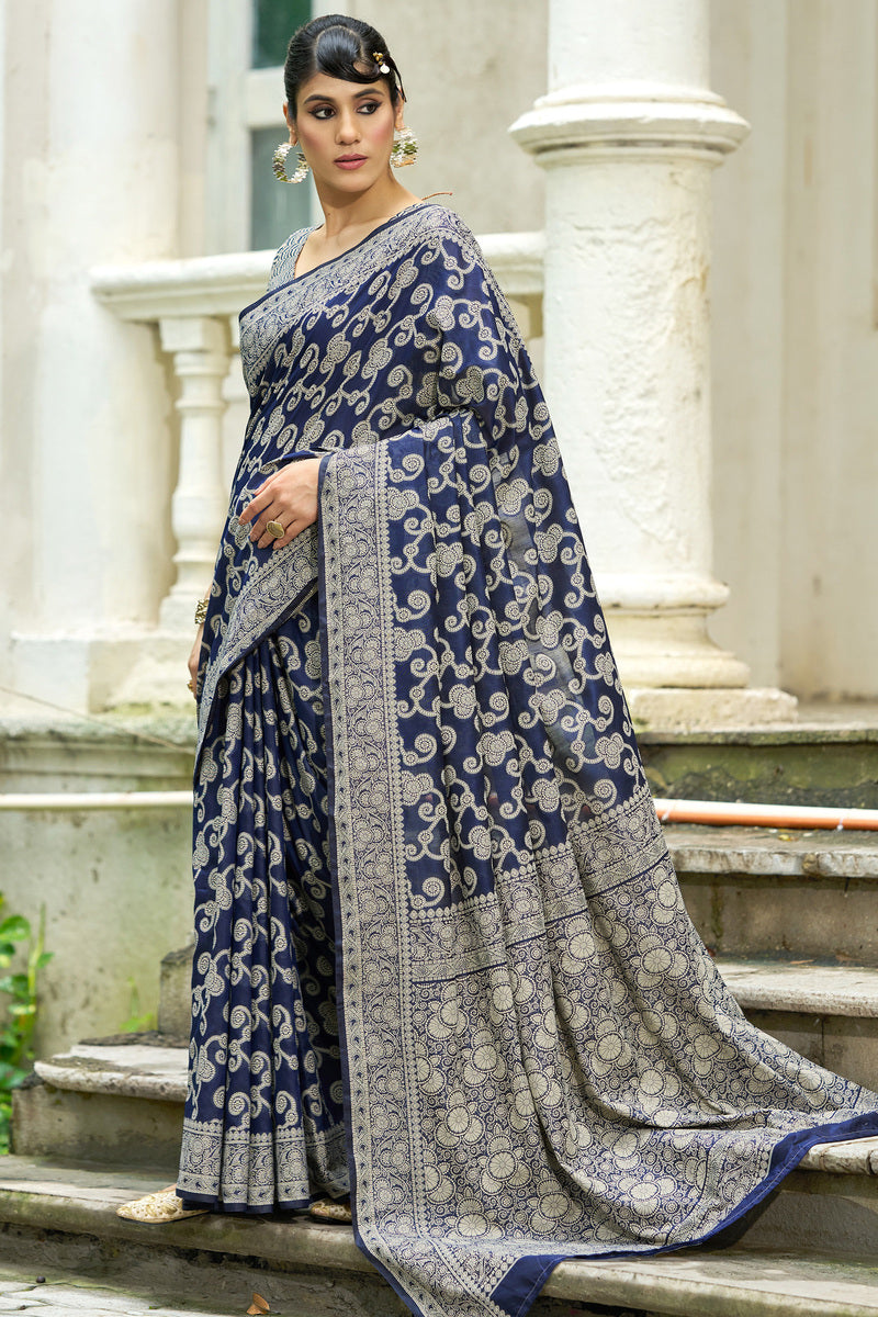 Felicitous Navy Blue Lucknowi Silk Saree With Fairytale Blouse Piece
