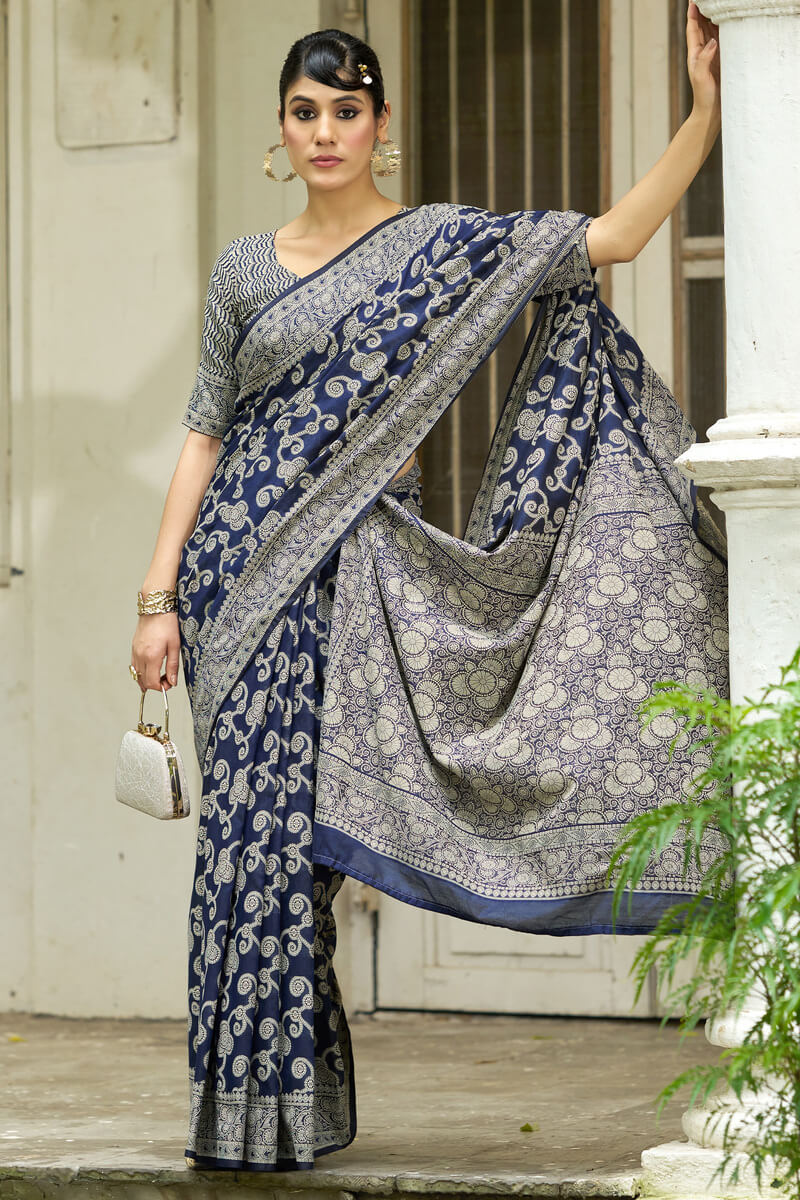 Felicitous Navy Blue Lucknowi Silk Saree With Fairytale Blouse Piece