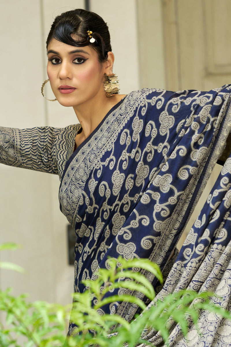Felicitous Navy Blue Lucknowi Silk Saree With Fairytale Blouse Piece