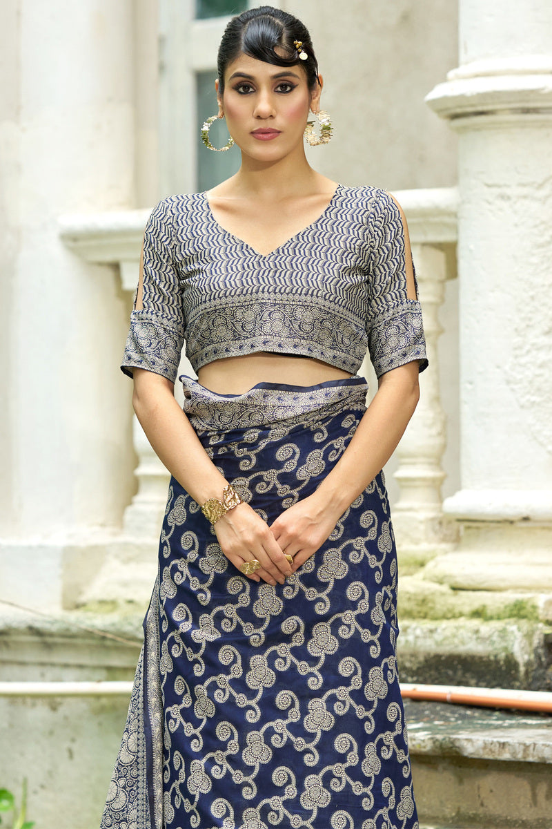 Felicitous Navy Blue Lucknowi Silk Saree With Fairytale Blouse Piece