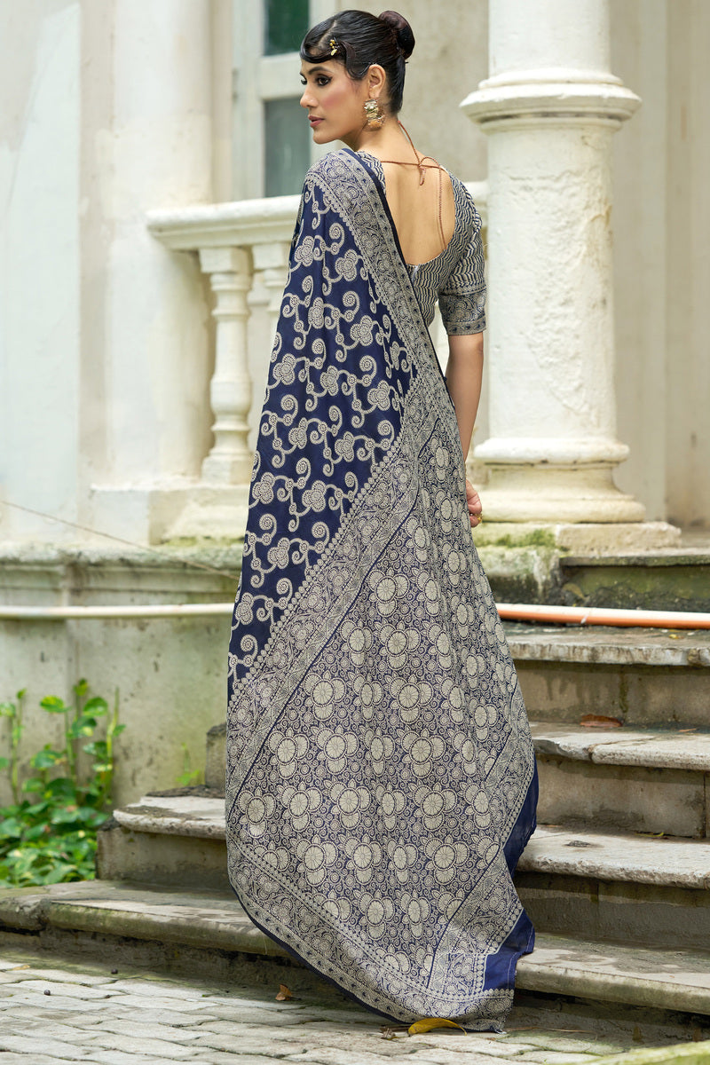 Felicitous Navy Blue Lucknowi Silk Saree With Fairytale Blouse Piece