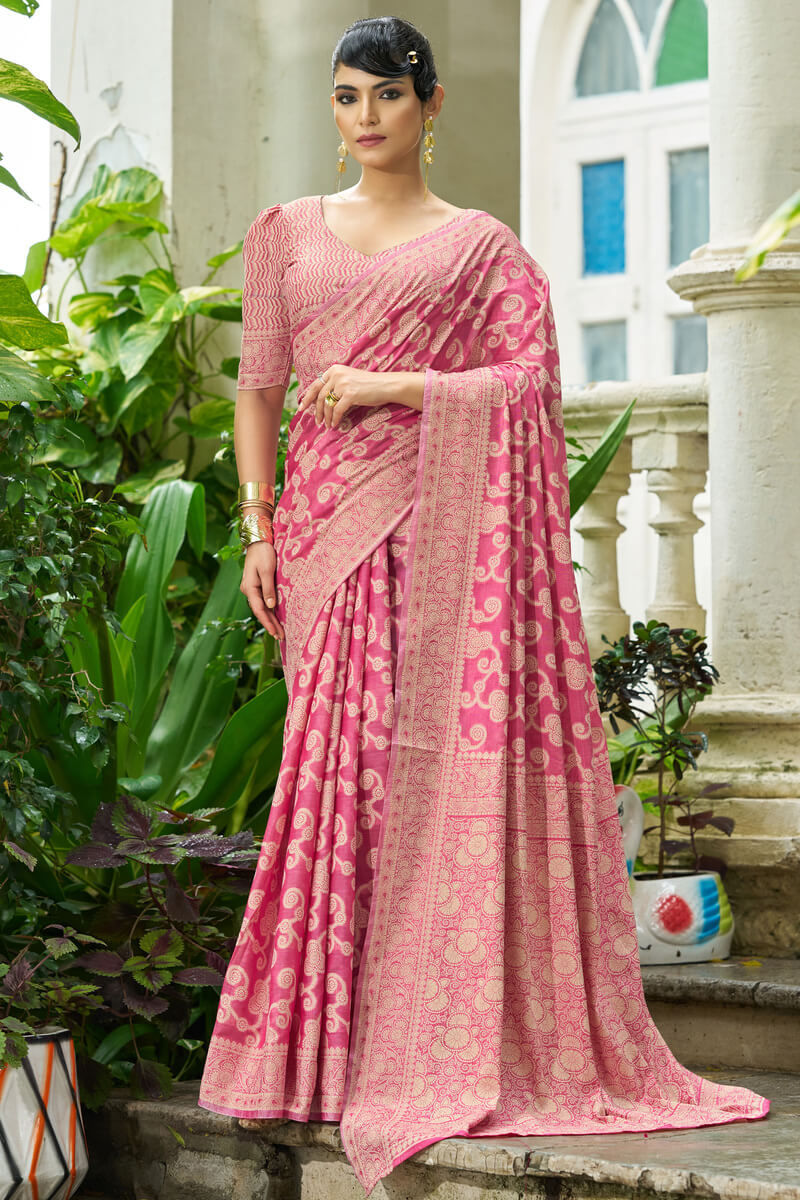Gleaming Pink Lucknowi Silk Saree With Panache Blouse Piece