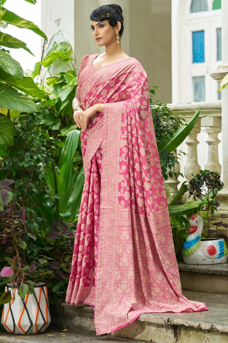 Gleaming Pink Lucknowi Silk Saree With Panache Blouse Piece