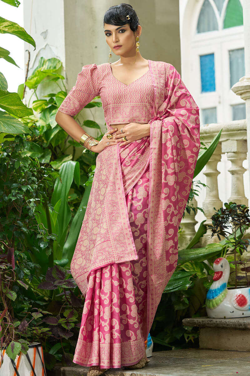 Gleaming Pink Lucknowi Silk Saree With Panache Blouse Piece