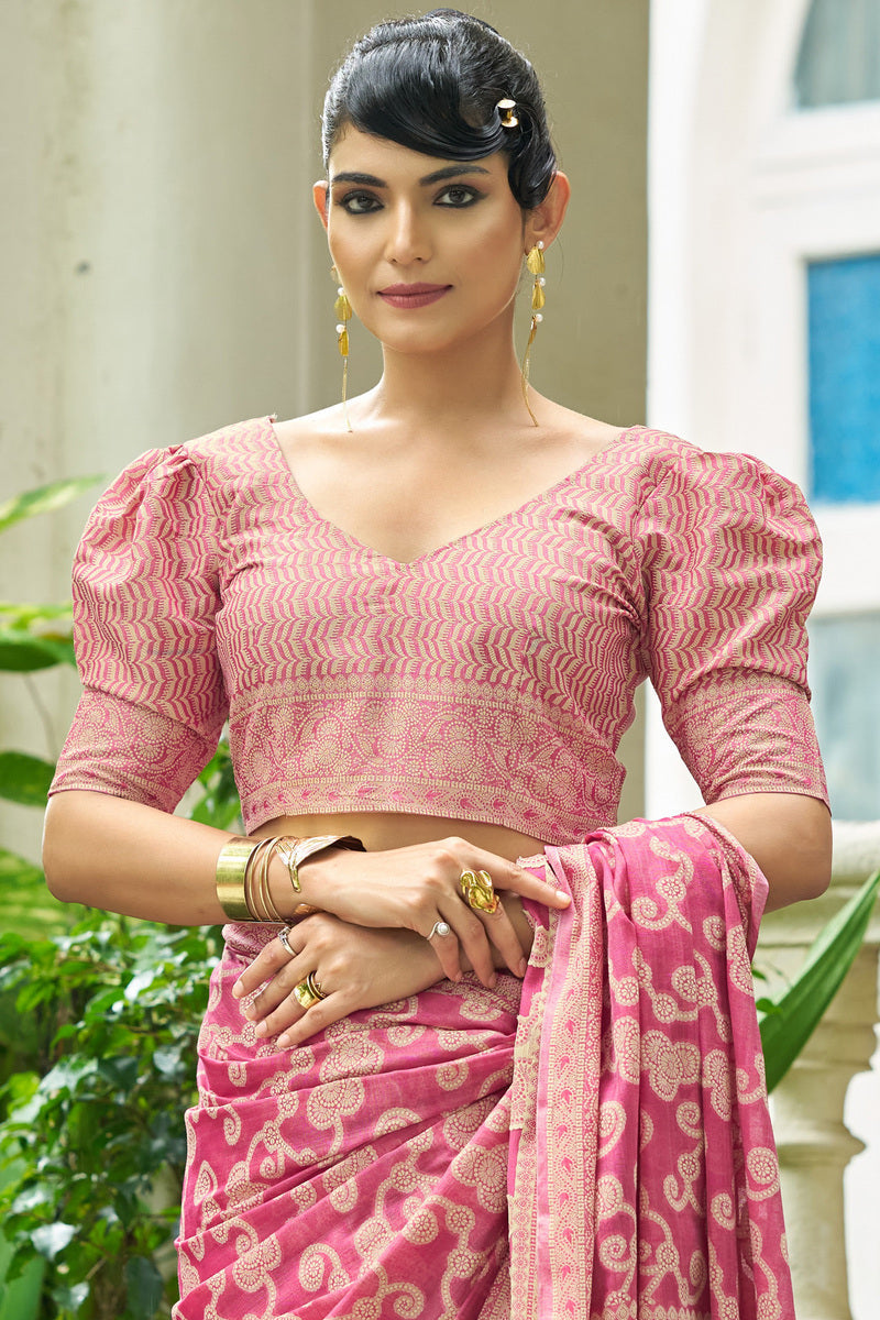 Gleaming Pink Lucknowi Silk Saree With Panache Blouse Piece
