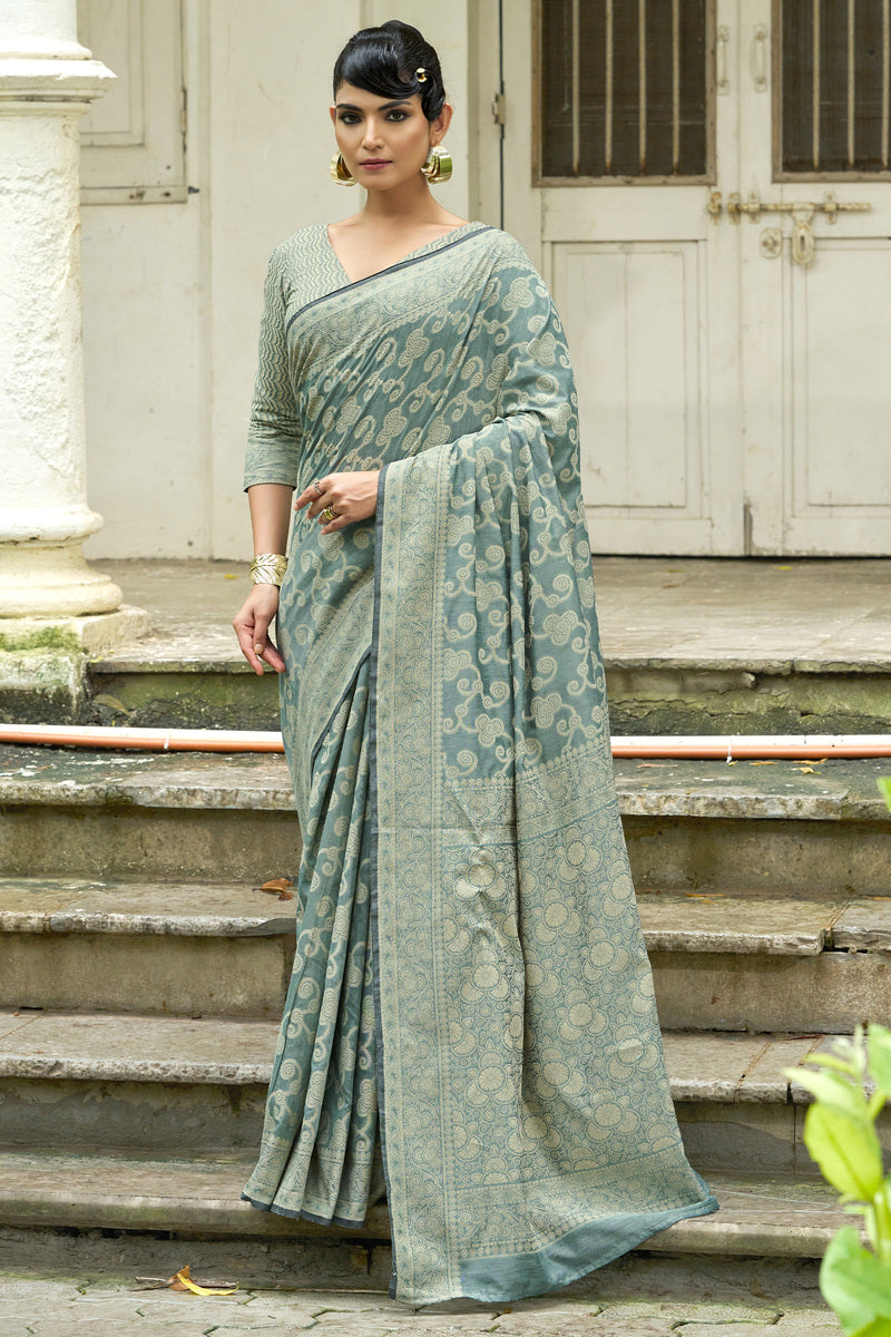 Adorning Sea Green Lucknowi Silk Saree With Sizzling Blouse Piece