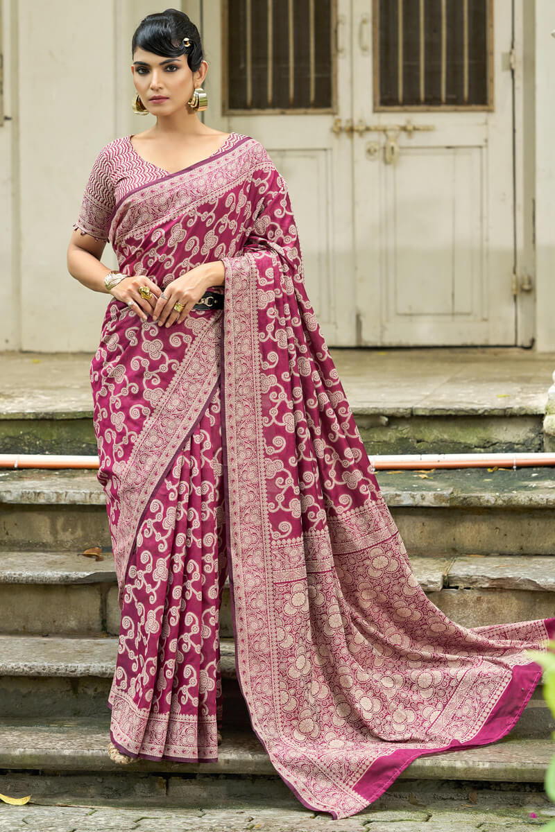 Pleasant Wine Lucknowi Silk Saree With Proficient Blouse Piece