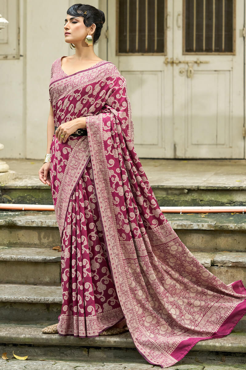 Pleasant Wine Lucknowi Silk Saree With Proficient Blouse Piece