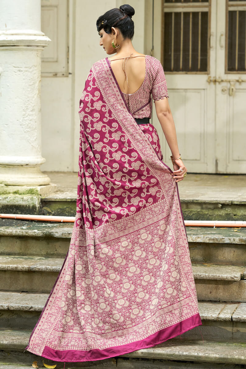 Pleasant Wine Lucknowi Silk Saree With Proficient Blouse Piece