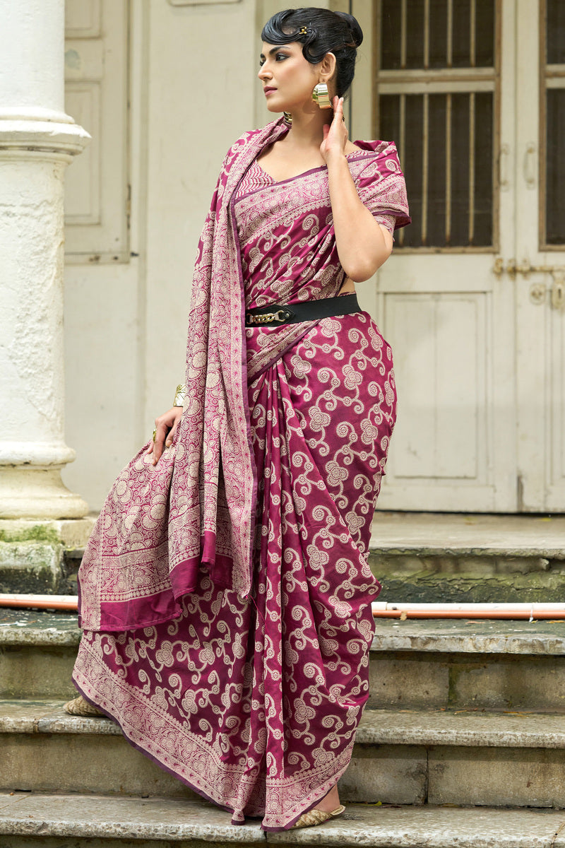 Pleasant Wine Lucknowi Silk Saree With Proficient Blouse Piece