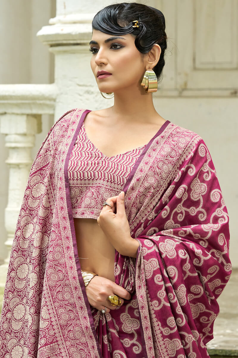 Pleasant Wine Lucknowi Silk Saree With Proficient Blouse Piece