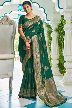 Ornate Dark Green Pure Banarasi Silk Saree With Elaborate Blouse Piece
