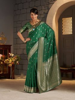 Radiant Dark Green Banarasi Silk Saree With Staggering Blouse Piece