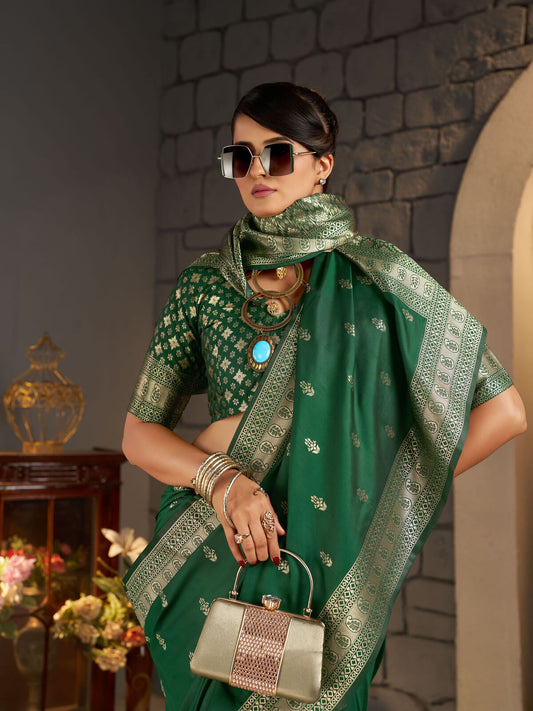 Radiant Dark Green Banarasi Silk Saree With Staggering Blouse Piece