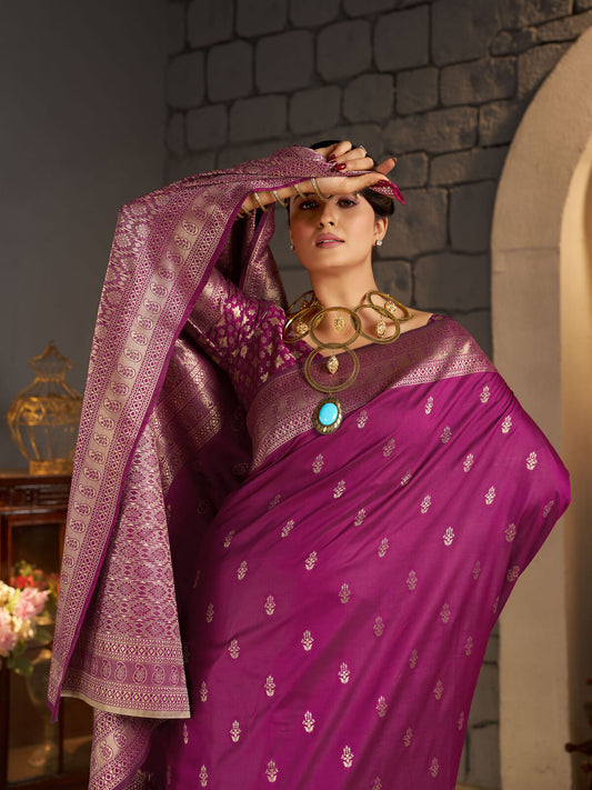 Enchanting Dark Pink Banarasi Silk Saree With Aplomb Blouse Piece