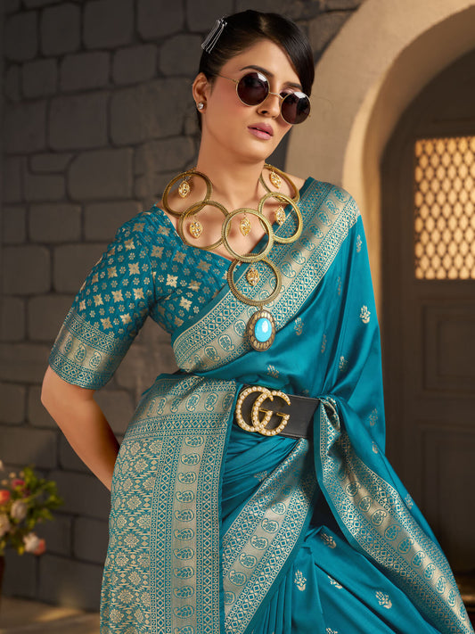 Lustrous Firozi Banarasi Silk Saree With Ravishing Blouse Piece