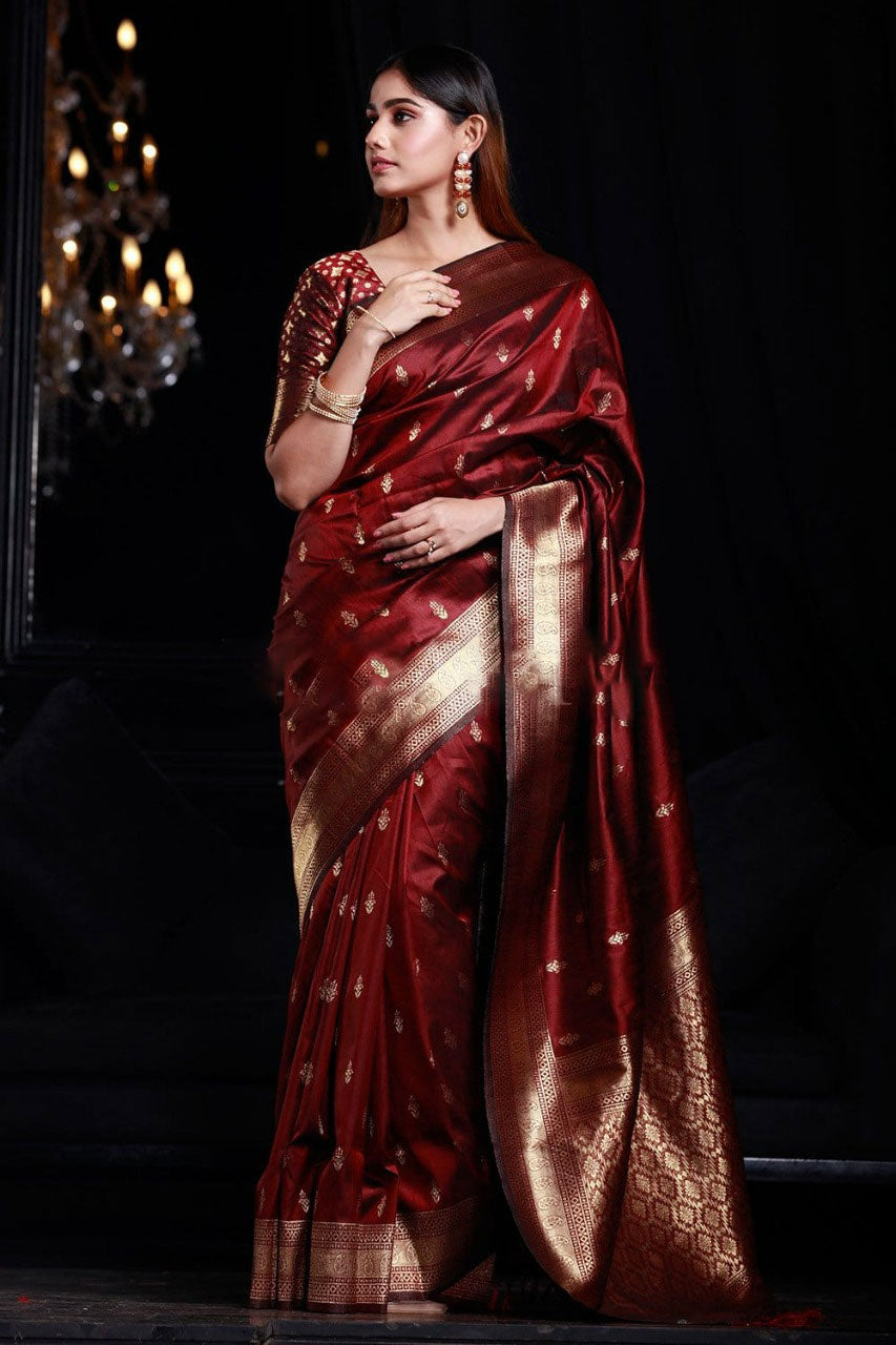 Lassitude Maroon Banarasi Silk Saree With Smashing Blouse Piece