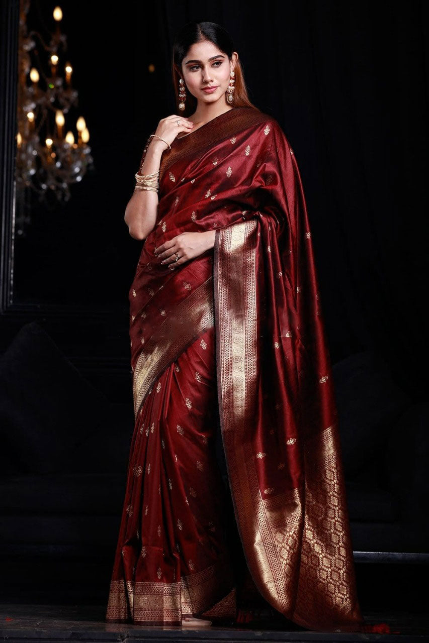 Lassitude Maroon Banarasi Silk Saree With Smashing Blouse Piece