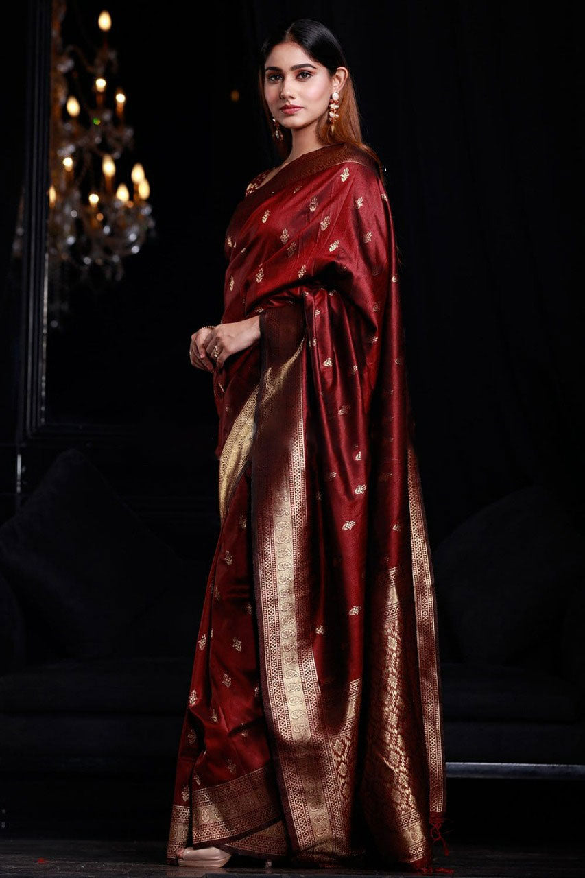 Lassitude Maroon Banarasi Silk Saree With Smashing Blouse Piece