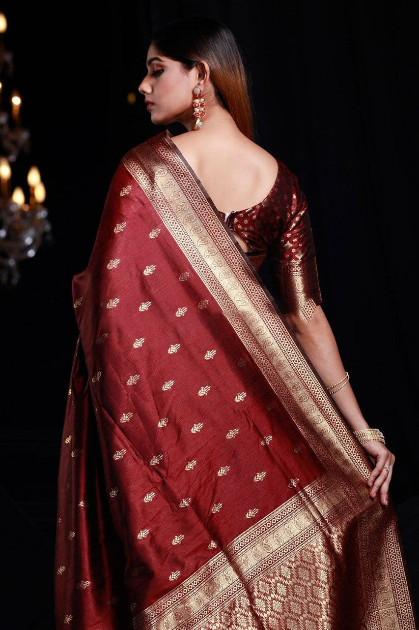 Lassitude Maroon Banarasi Silk Saree With Smashing Blouse Piece