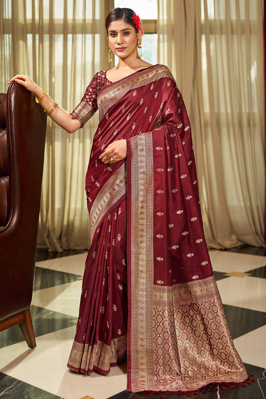 Elision Maroon Pure Zari Weaving Banarasi Silk Saree With Snazzy Blouse Piece