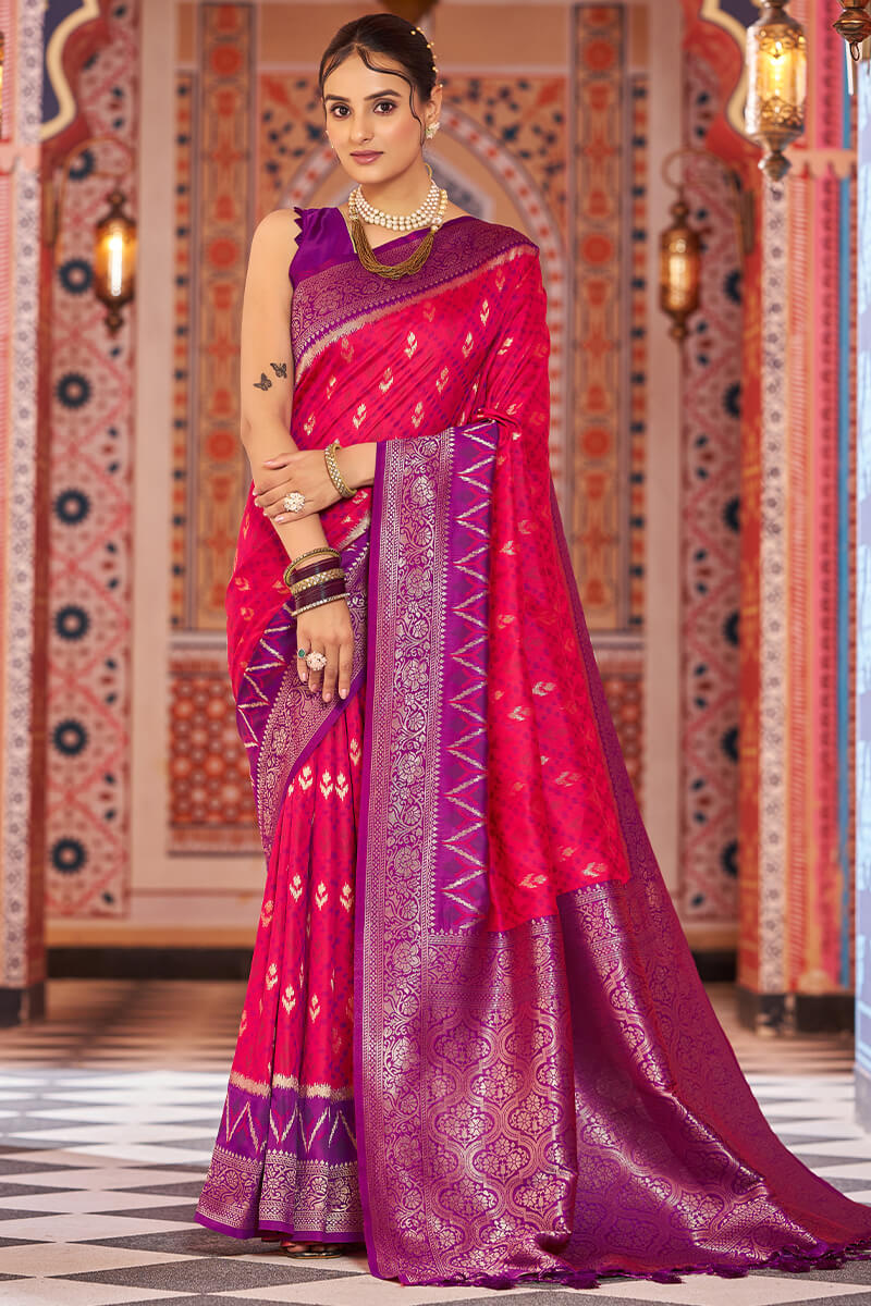 Serendipity Dark Pink Soft Banarasi Silk Saree With Flattering Blouse Piece