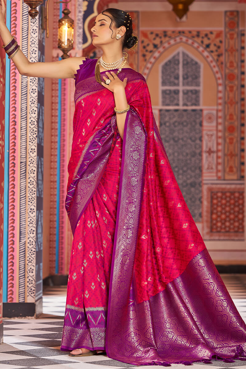Serendipity Dark Pink Soft Banarasi Silk Saree With Flattering Blouse Piece