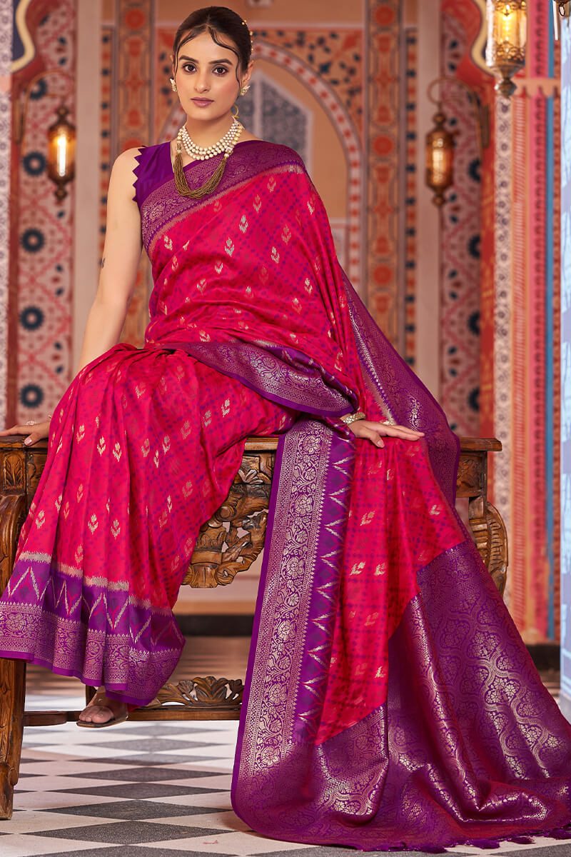 Serendipity Dark Pink Soft Banarasi Silk Saree With Flattering Blouse Piece