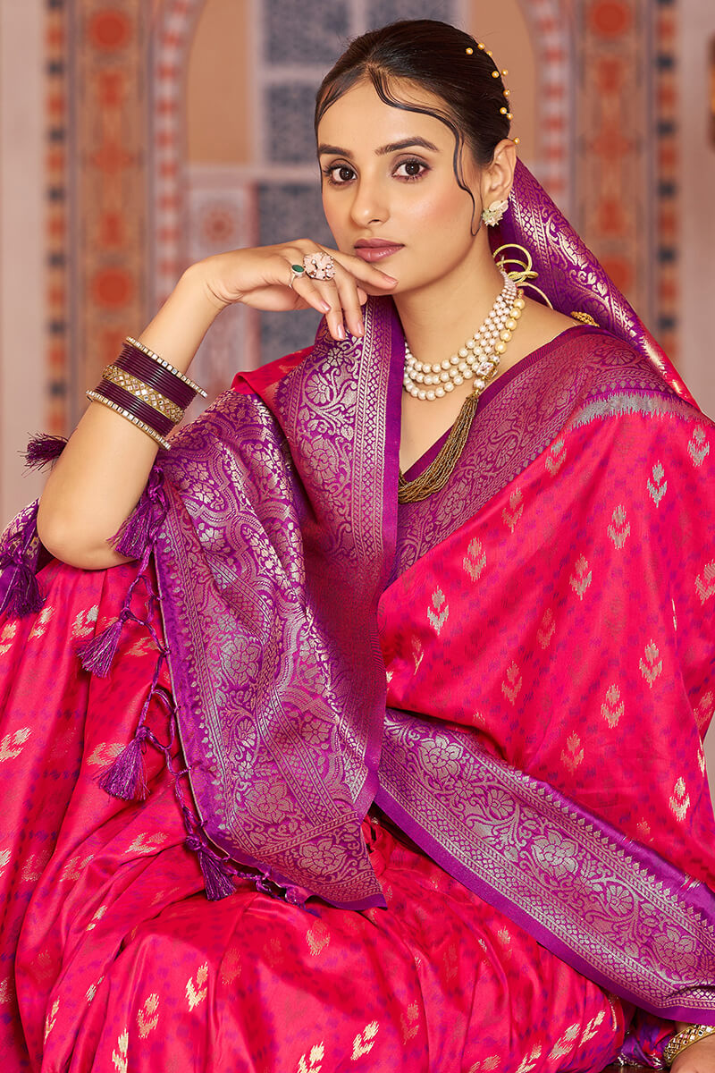 Serendipity Dark Pink Soft Banarasi Silk Saree With Flattering Blouse Piece