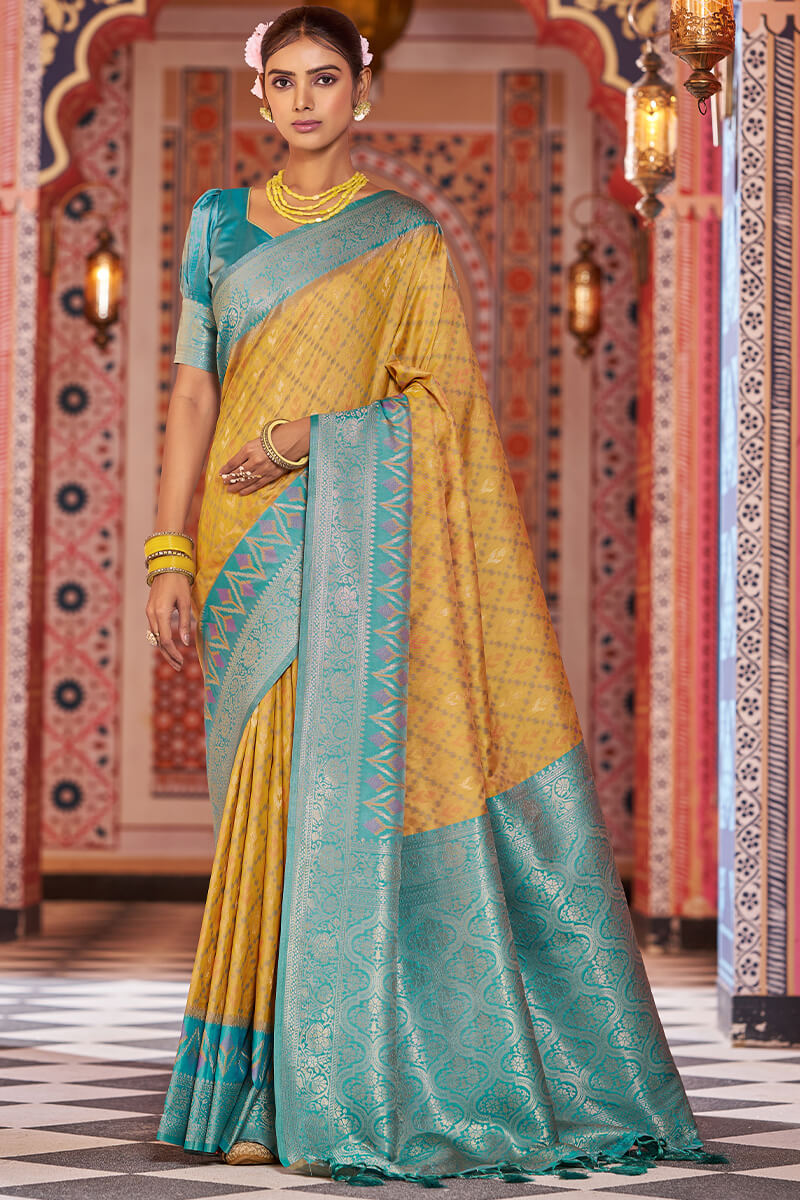 Designer Mustard Soft Banarasi Silk Saree With Exquisite Blouse Piece
