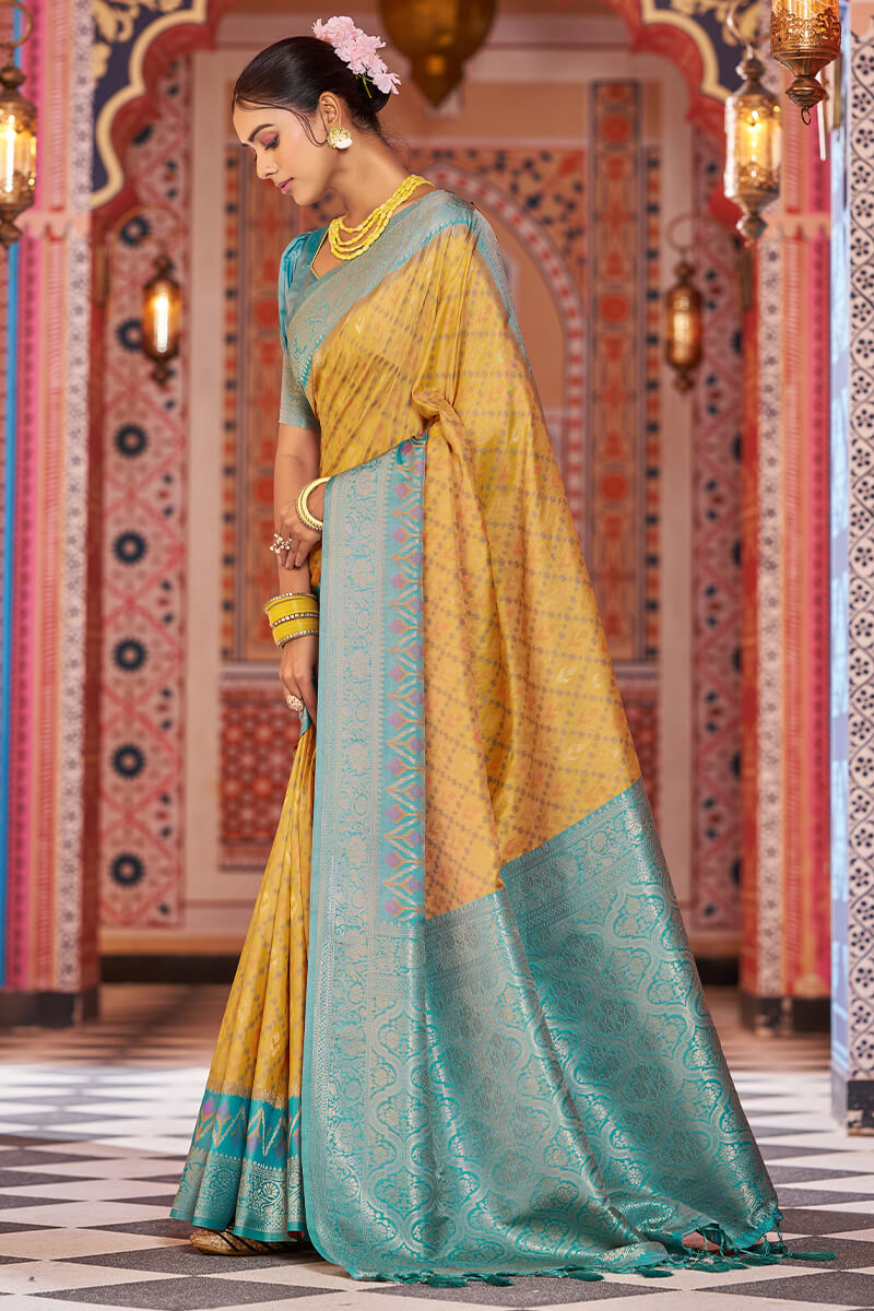 Designer Mustard Soft Banarasi Silk Saree With Exquisite Blouse Piece