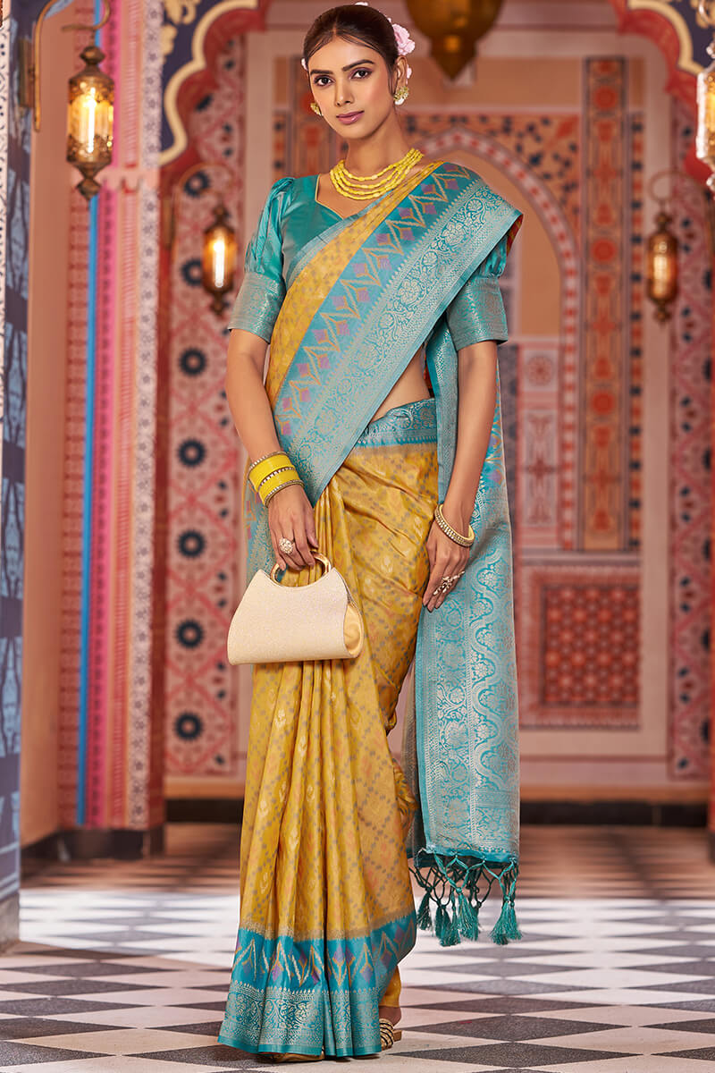 Designer Mustard Soft Banarasi Silk Saree With Exquisite Blouse Piece