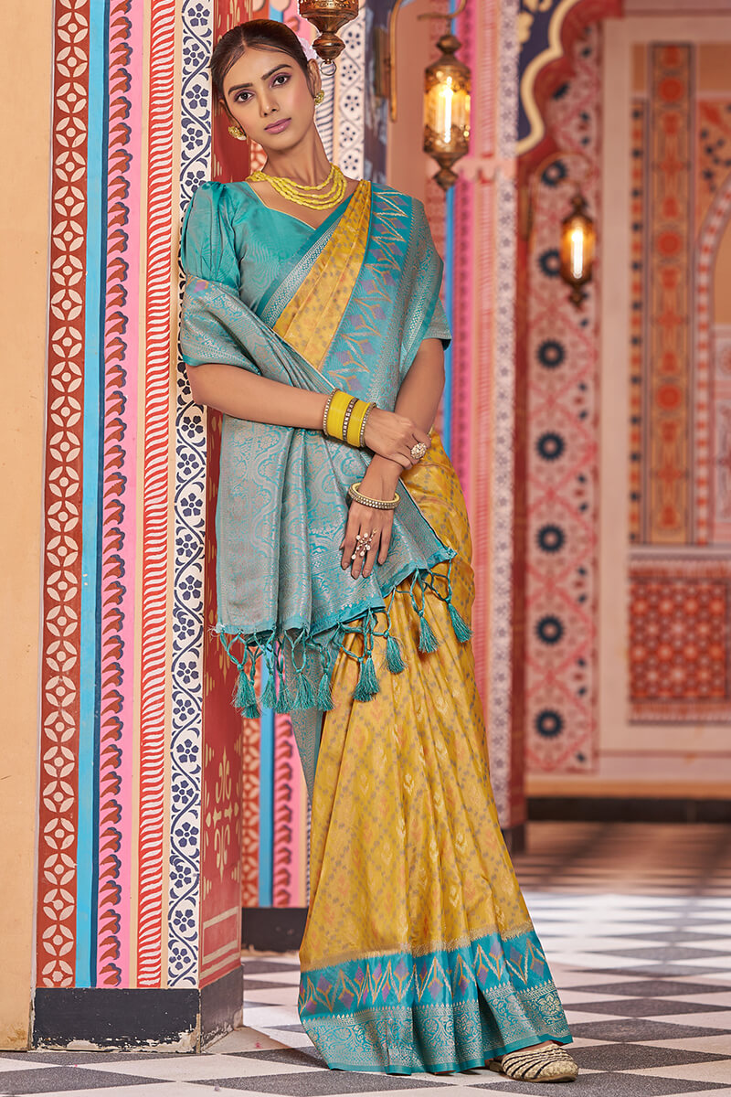 Designer Mustard Soft Banarasi Silk Saree With Exquisite Blouse Piece