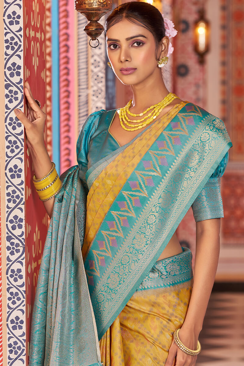 Designer Mustard Soft Banarasi Silk Saree With Exquisite Blouse Piece