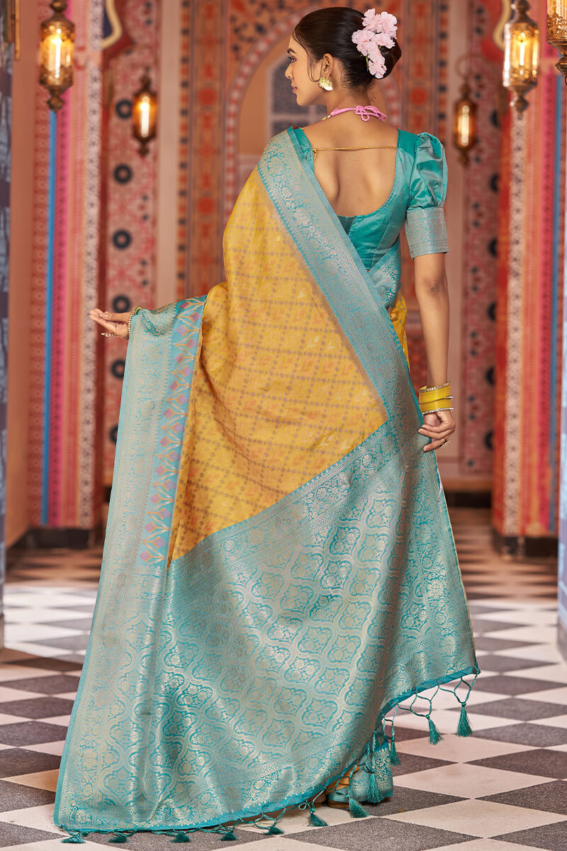 Designer Mustard Soft Banarasi Silk Saree With Exquisite Blouse Piece