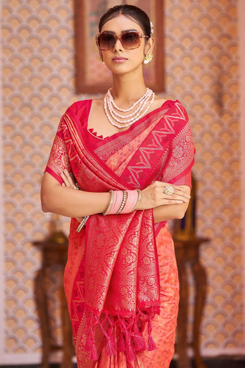 Phenomenal Pink Soft Banarasi Silk Saree With Redolent Blouse Piece
