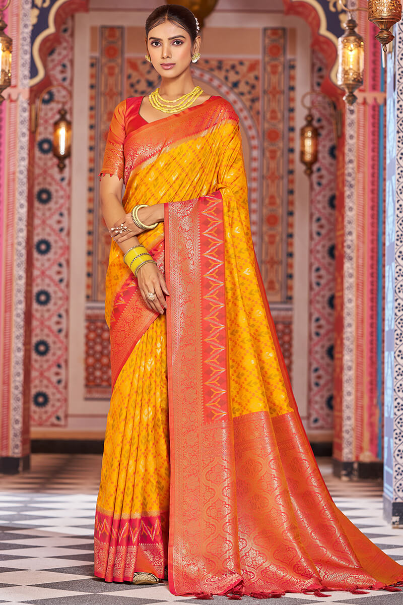 Glittering Yellow Soft Banarasi Silk Saree With Scintillating Blouse Piece