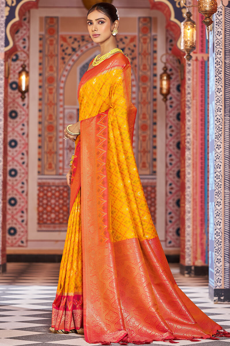 Glittering Yellow Soft Banarasi Silk Saree With Scintillating Blouse Piece