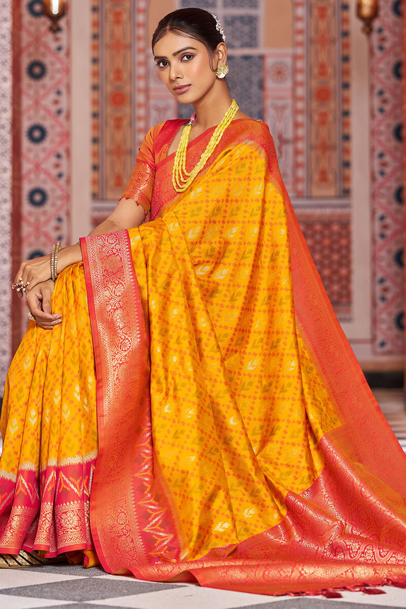 Glittering Yellow Soft Banarasi Silk Saree With Scintillating Blouse Piece